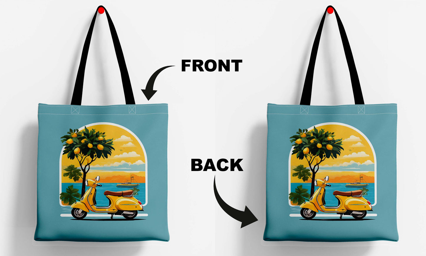 Scooter Design Printed Black Handle Tote Bag (14 X 16 Inches) For Shopping, College, Travel