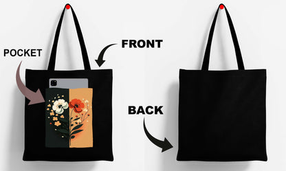 Flower Art 2 Design Printed Black With Pocket Tote Bag (14 X 16 Inches) For Shopping, College, Travel