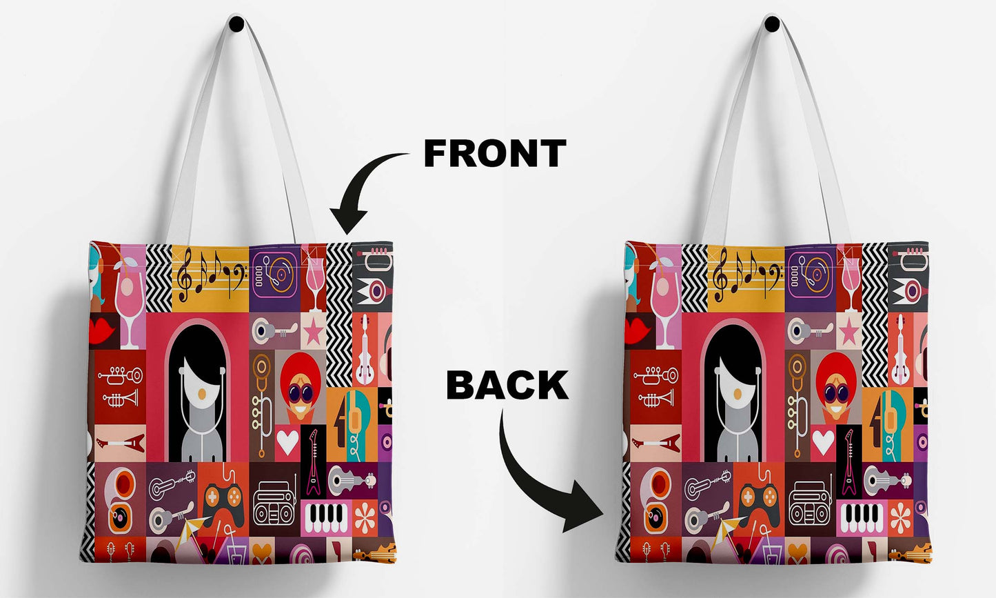 Abstract Music White Printed Tote Bag (14 X 16 Inches) For Shopping, College, Travel