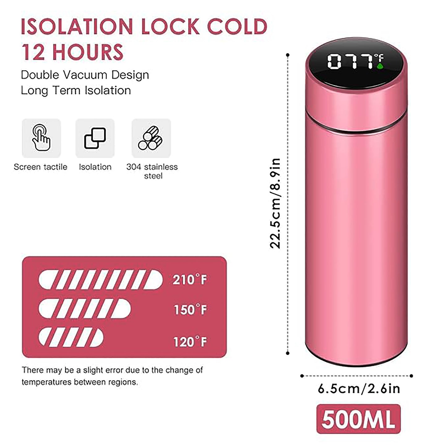 Personalized pink Temperature Bottle 500ml with Smart led