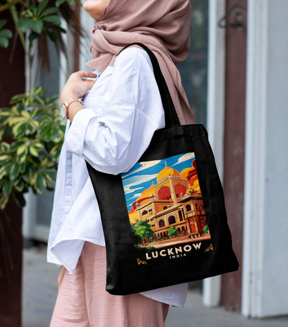 Lucknow India Design Printed Black With Pocket Tote Bag (14 X 16 Inches) For Shopping, College, Travel