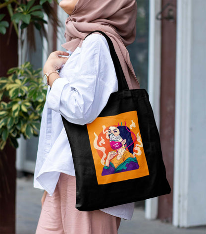 Facemask Girl Design Printed Black Patch With Pocket Tote Bag (14 X 16 Inches) For Shopping, College, Travel