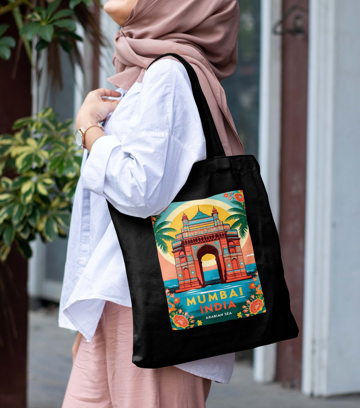 Mumbai India Design Printed Black With Pocket Tote Bag (14 X 16 Inches) For Shopping, College, Travel