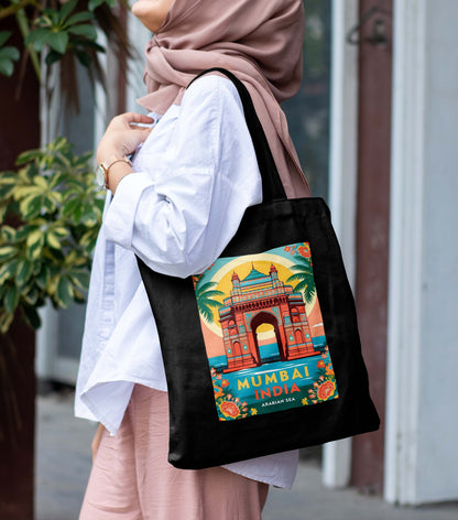 Mumbai India Design Printed Black With Pocket Tote Bag (14 X 16 Inches) For Shopping, College, Travel