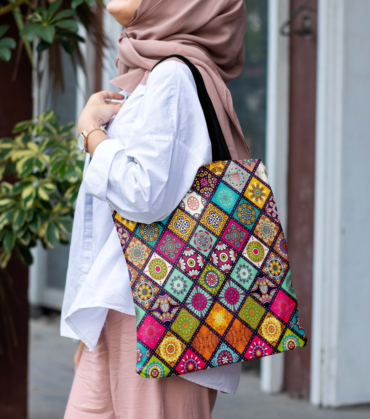 Mandala Design  Printed Black Handle Tote Bag (14 X 16 Inches) For Shopping, College, Travel