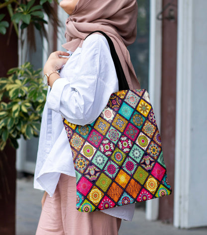 Mandala Design  Printed Black Handle Tote Bag (14 X 16 Inches) For Shopping, College, Travel
