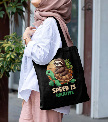 Speed Is Relative Printed Black Tote Bag (14 X 16 Inches) For Shopping, College, Travel