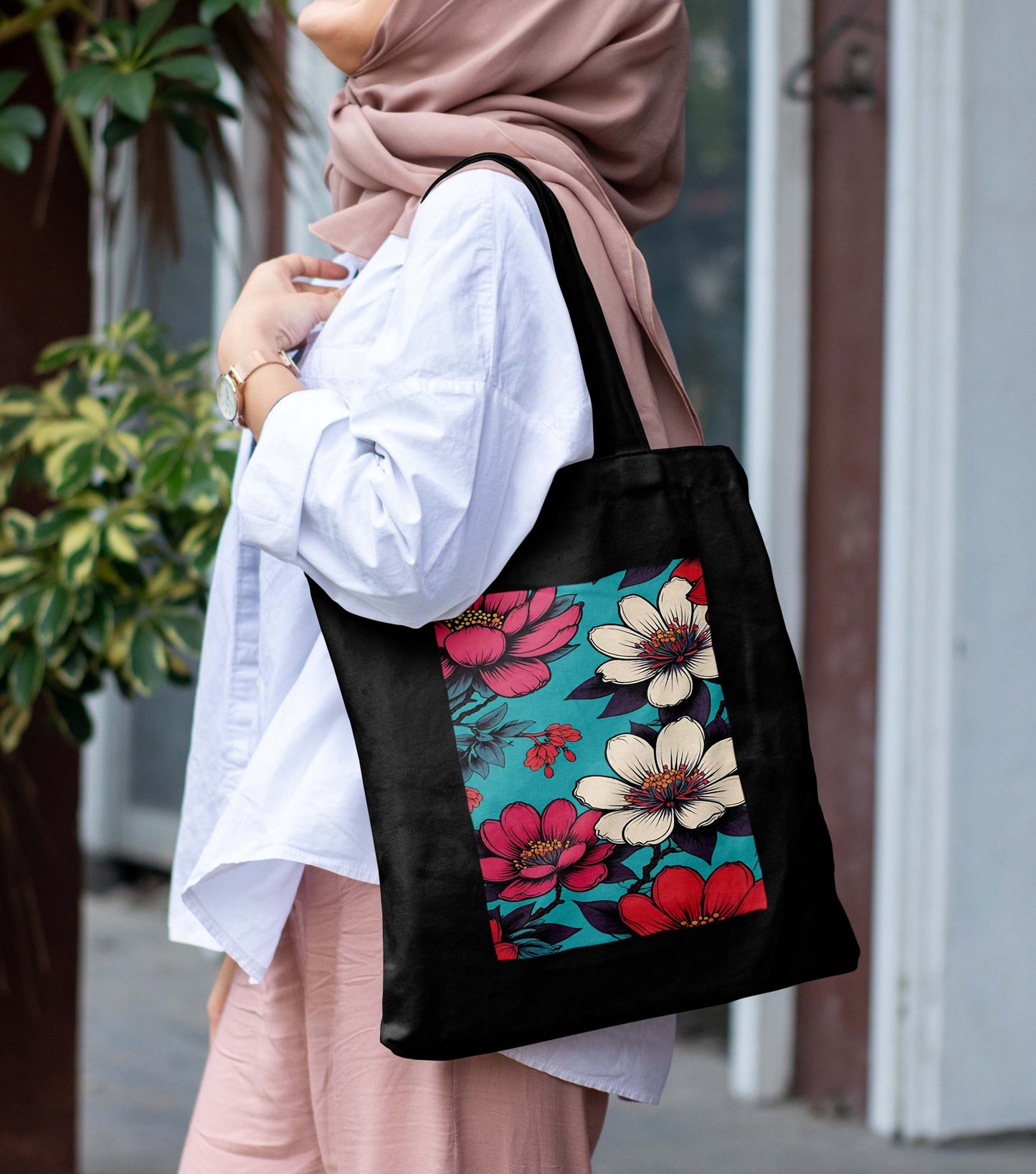 Flower 2 Design Printed Black With Pocket Tote Bag (14 X 16 Inches) For Shopping, College, Travel