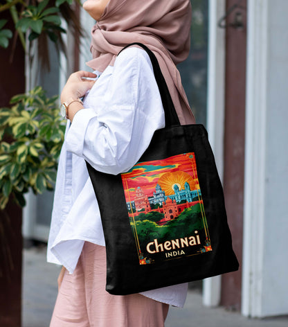 Chennai India Design Printed Black With Pocket Tote Bag (14 X 16 Inches) For Shopping, College, Travel