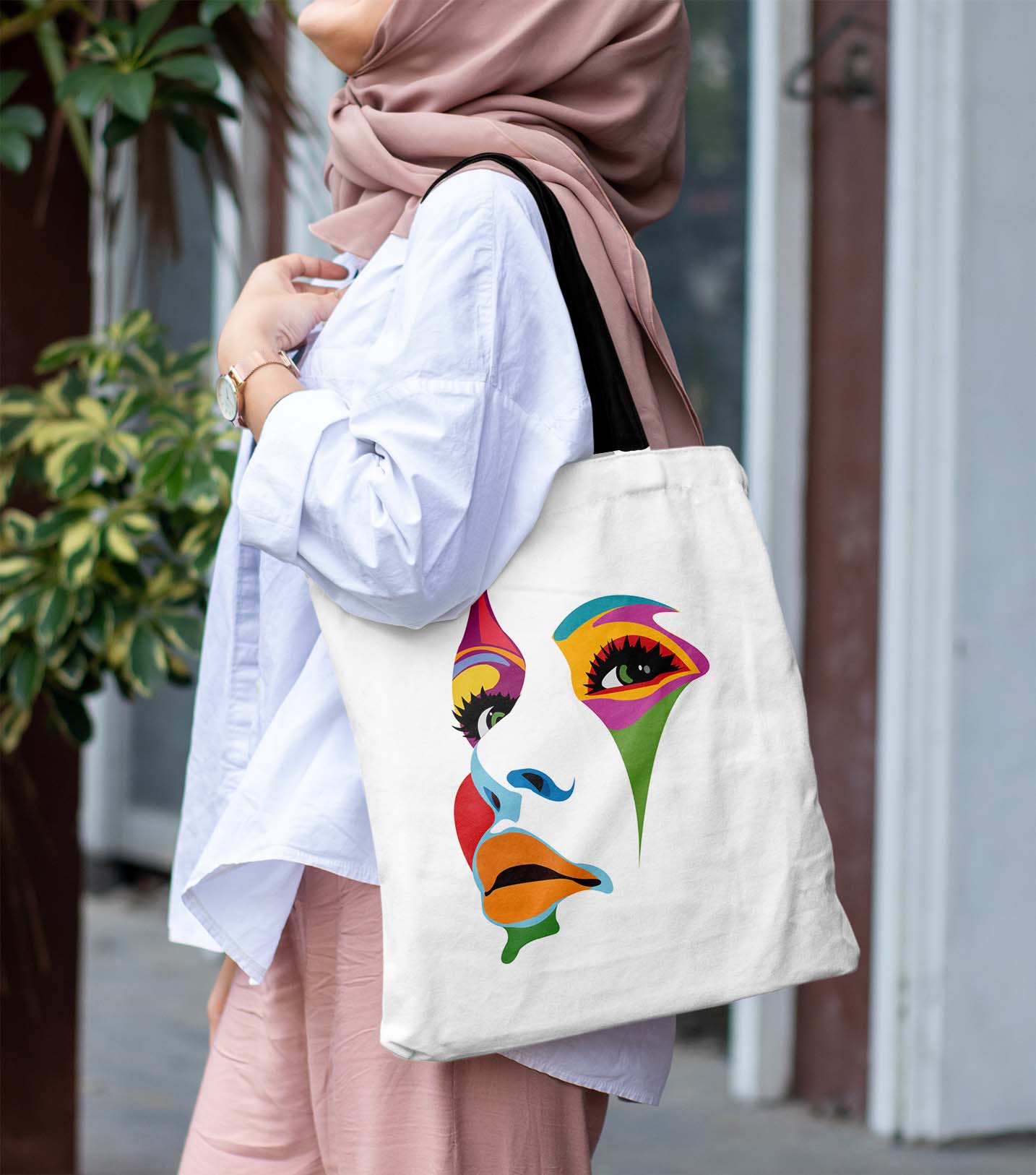 Paint Girl Face Printed Black Handle Tote Bag (14 X 16 Inches) For Shopping, College, Travel