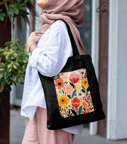 Flower Design Printed Black Patch With Pocket Tote Bag (14 X 16 Inches) For Shopping, College, Travel