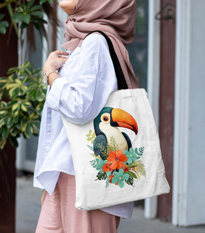 Parrot Printed Black Handle Tote Bag (14 X 16 Inches) For Shopping, College, Travel
