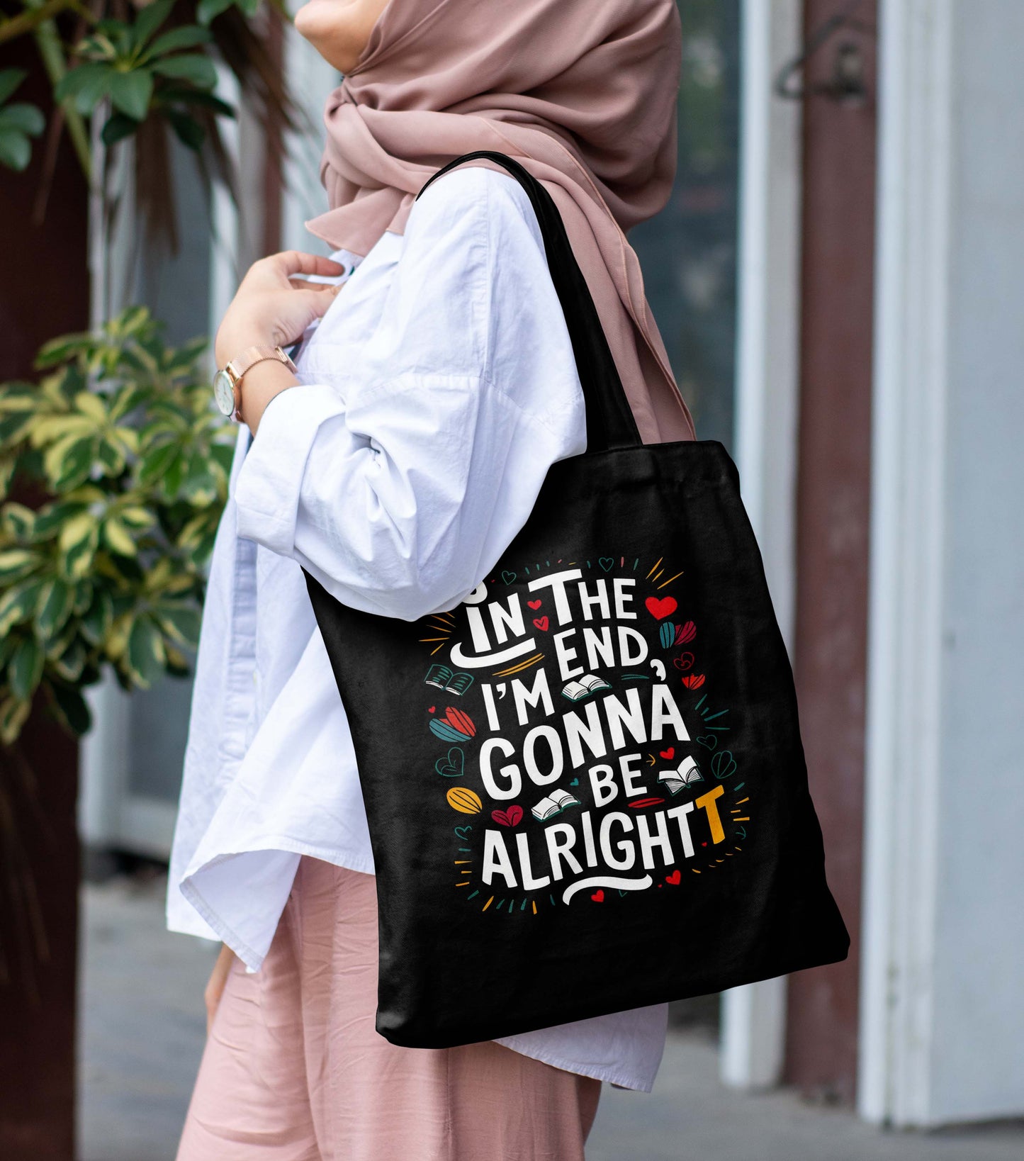 I am Gonna Be Alright  Printed Black Tote Bag (14 X 16 Inches) For Shopping, College, Travel