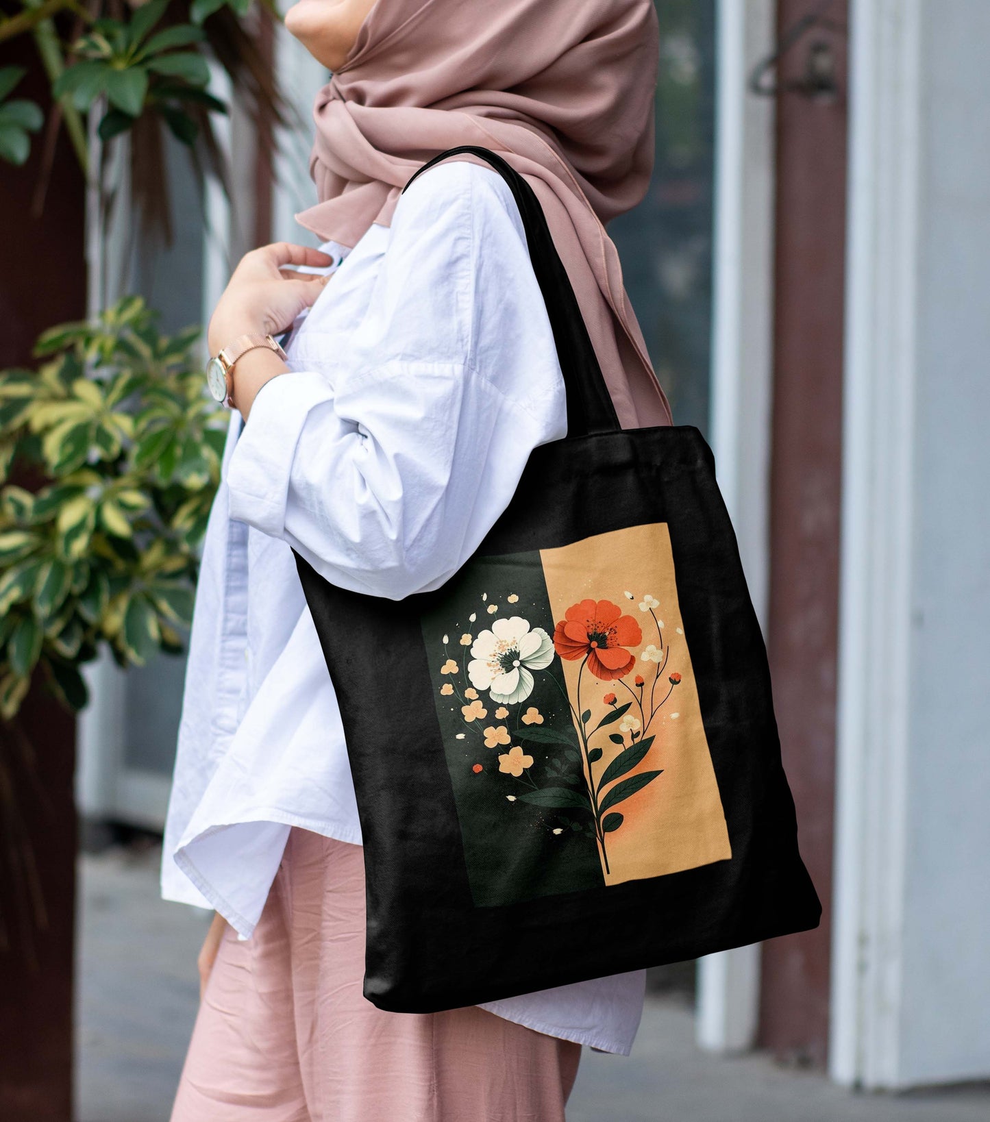 Flower Art 2 Design Printed Black With Pocket Tote Bag (14 X 16 Inches) For Shopping, College, Travel