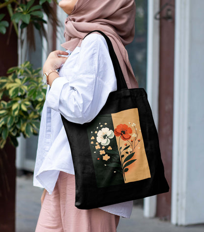 Flower Art 2 Design Printed Black With Pocket Tote Bag (14 X 16 Inches) For Shopping, College, Travel
