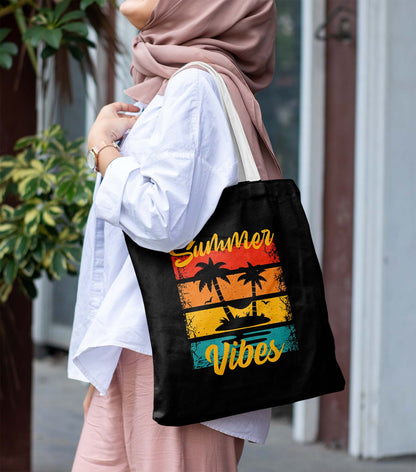 Summer Vibes Printed Black Tote Bag (14 X 16 Inches) For Shopping, College, Travel