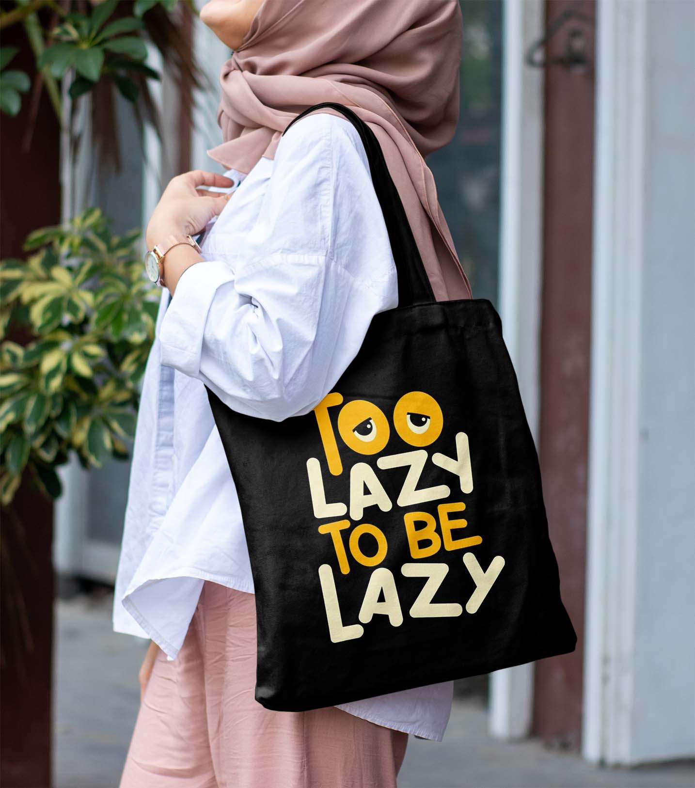 Too Lazy Printed Black Tote Bag (14 X 16 Inches) For Shopping, College, Travel