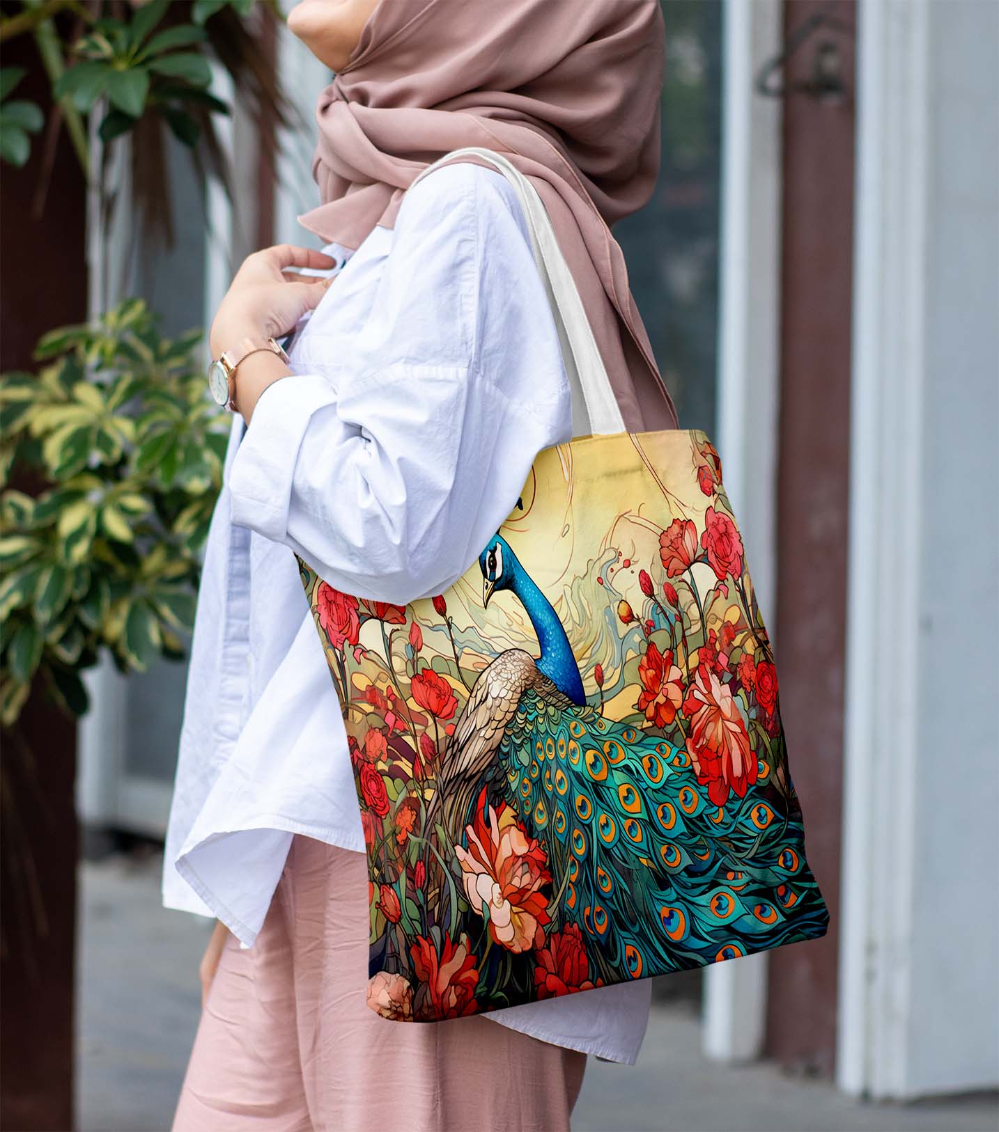 Peacock White Printed Tote Bag (14 X 16 Inches) For Shopping, College, Travel