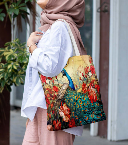 Peacock White Printed Tote Bag (14 X 16 Inches) For Shopping, College, Travel