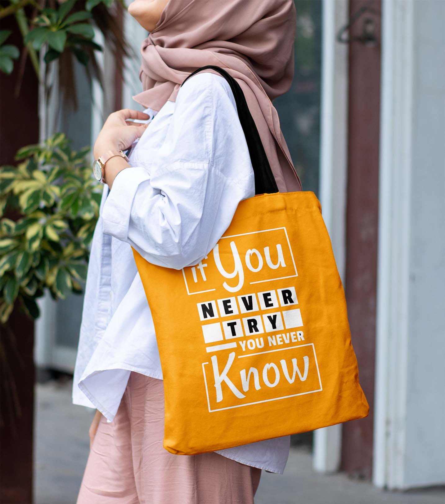 If You Never Try Printed Black-Orange Tote Bag (14 X 16 Inches) For Shopping, College, Travel