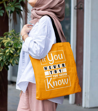 If You Never Try Printed Black-Orange Tote Bag (14 X 16 Inches) For Shopping, College, Travel
