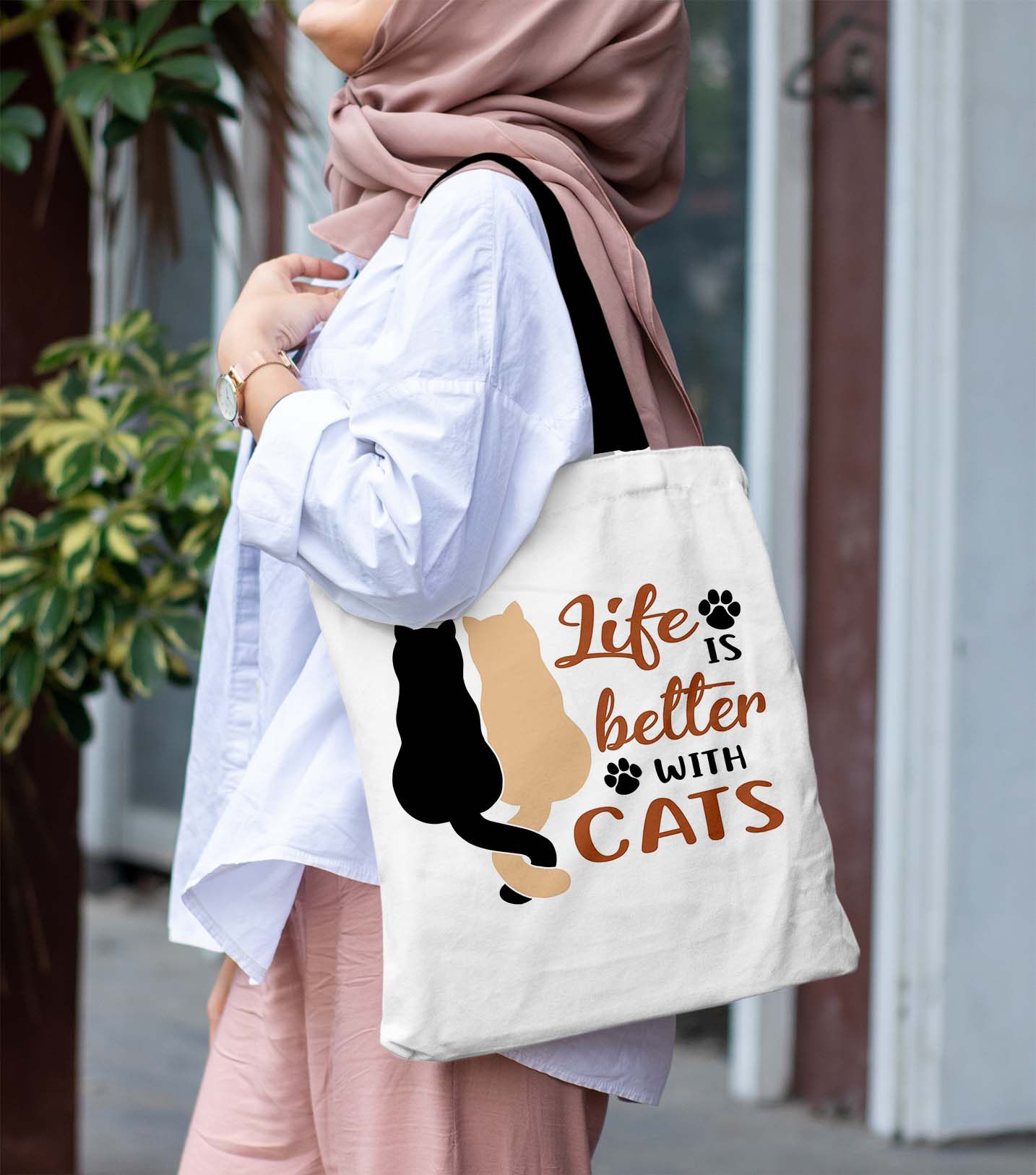 Life is Better with cats Printed Black Handle Tote Bag (14 X 16 Inches) For Shopping, College, Travel