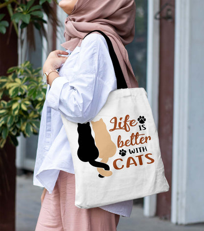 Life is Better with cats Printed Black Handle Tote Bag (14 X 16 Inches) For Shopping, College, Travel