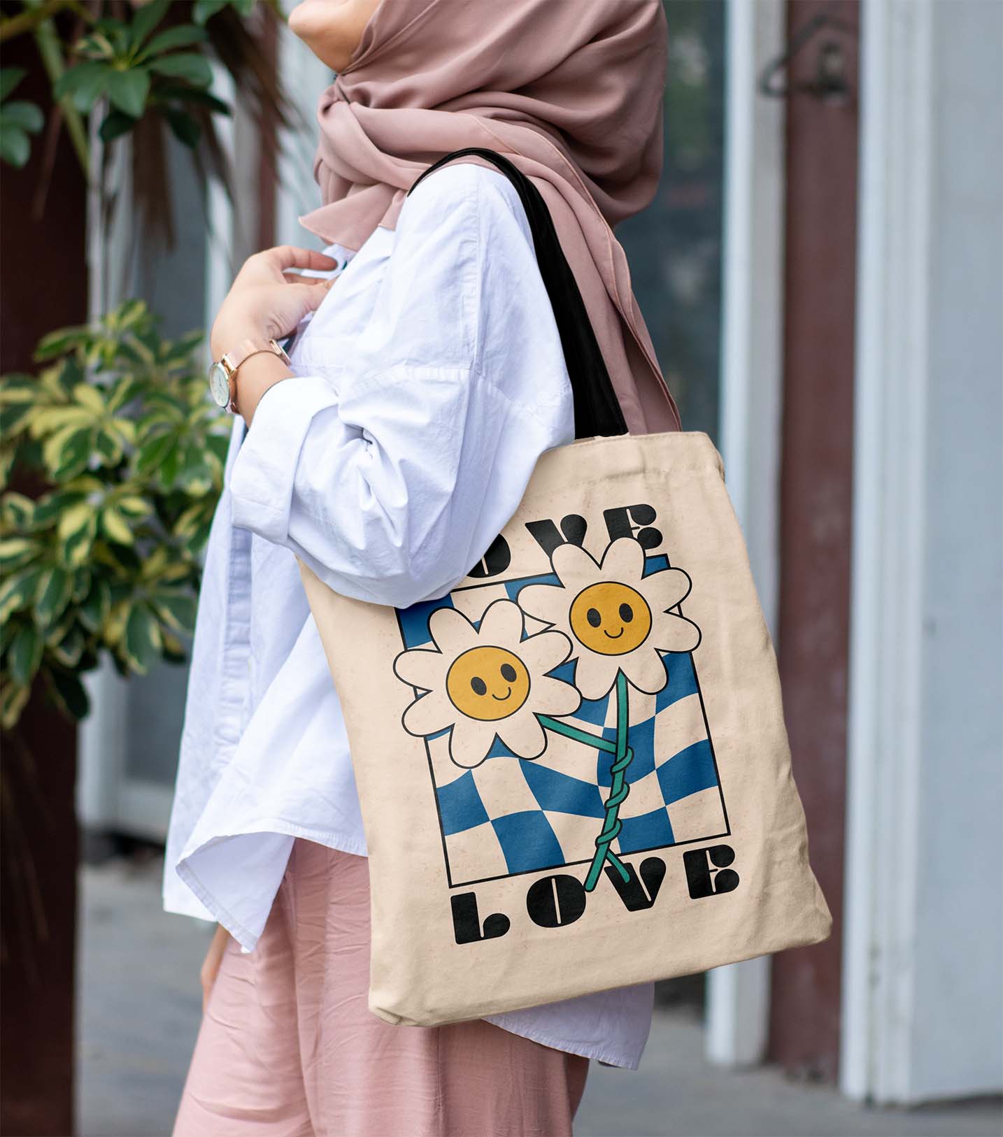 Love Flower Printed Black Handle Tote Bag (14 X 16 Inches) For Shopping, College, Travel