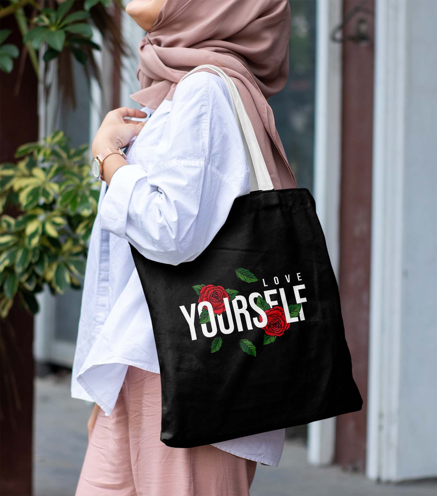 Love Yourself Printed Black Tote Bag (14 X 16 Inches) For Shopping, College, Travel