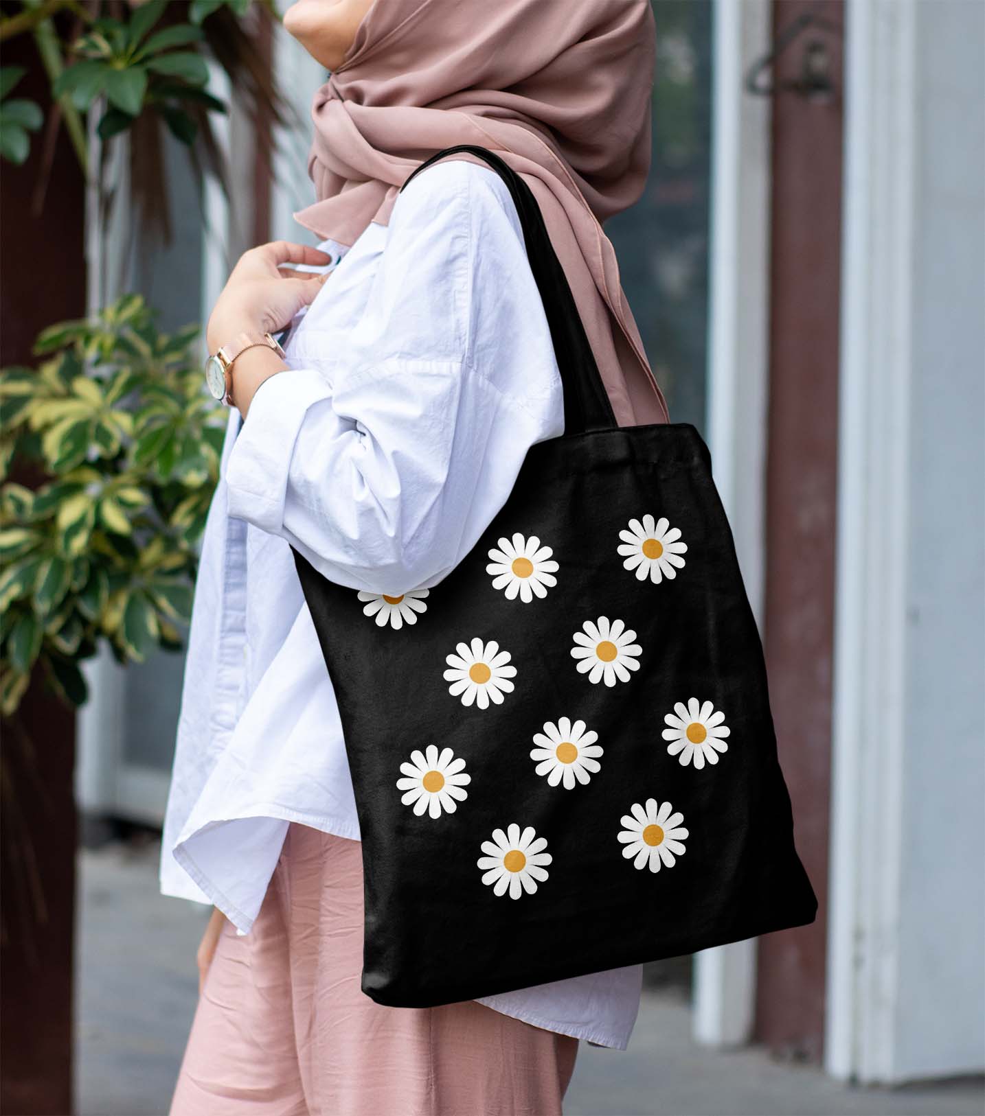 White Flower Printed Black Tote Bag (14 X 16 Inches) For Shopping, College, Travel