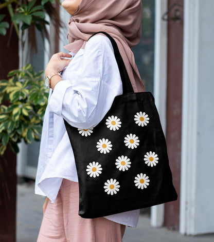White Flower Printed Black Tote Bag (14 X 16 Inches) For Shopping, College, Travel