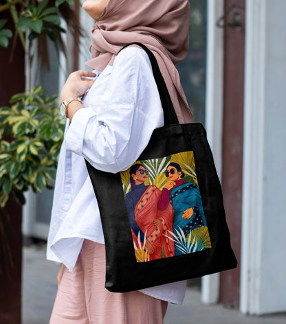 Women wearing glasses Design Printed Black With Pocket Tote Bag (14 X 16 Inches) For Shopping, College, Travel