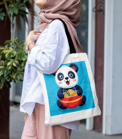 Eating Panda Printed Black Handle Tote Bag (14 X 16 Inches) For Shopping, College, Travel