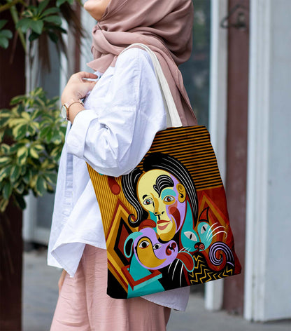 Abstract Face Printed White Tote Bag (14 X 16 Inches) For Shopping, College, Travel