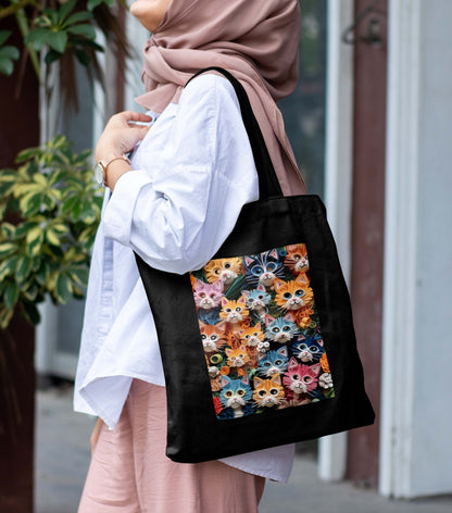 Cats Design Printed Black With Pocket Tote Bag (14 X 16 Inches) For Shopping, College, Travel