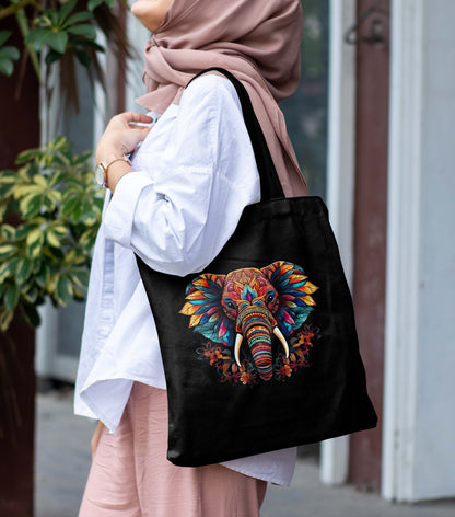 Colourful Elephant Printed Black Tote Bag (14 X 16 Inches) For Shopping, College, Travel