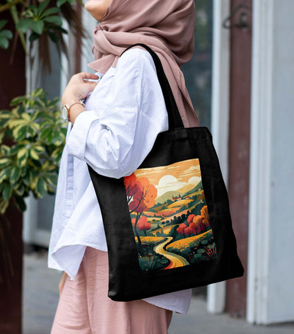 Sunset Design Printed Black With Pocket Tote Bag (14 X 16 Inches) For Shopping, College, Travel