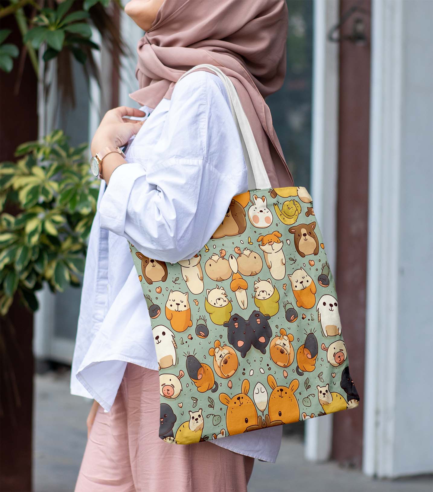 Cute Bears White Printed Tote Bag (14 X 16 Inches) For Shopping, College, Travel