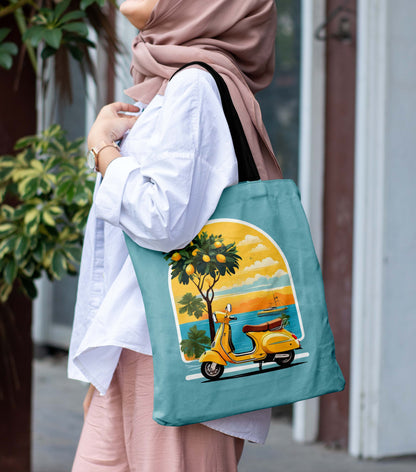 Scooter Design Printed Black Handle Tote Bag (14 X 16 Inches) For Shopping, College, Travel