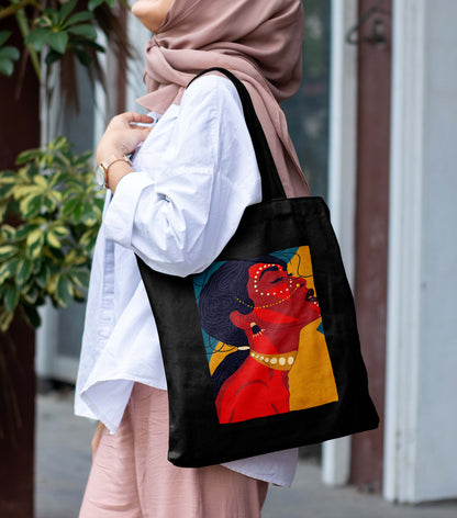Abstract Woman Design Printed Black With Pocket Tote Bag (14 X 16 Inches) For Shopping, College, Travel