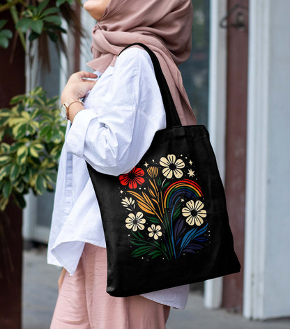 Colourful Flower Printed Black Tote Bag (14 X 16 Inches) For Shopping, College, Travel
