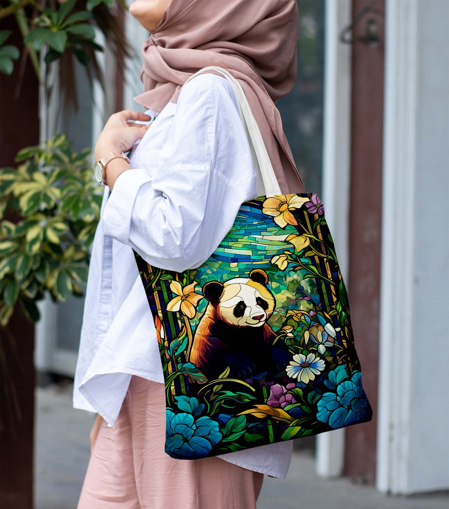 Colourful Panda White Printed Tote Bag (14 X 16 Inches) For Shopping, College, Travel