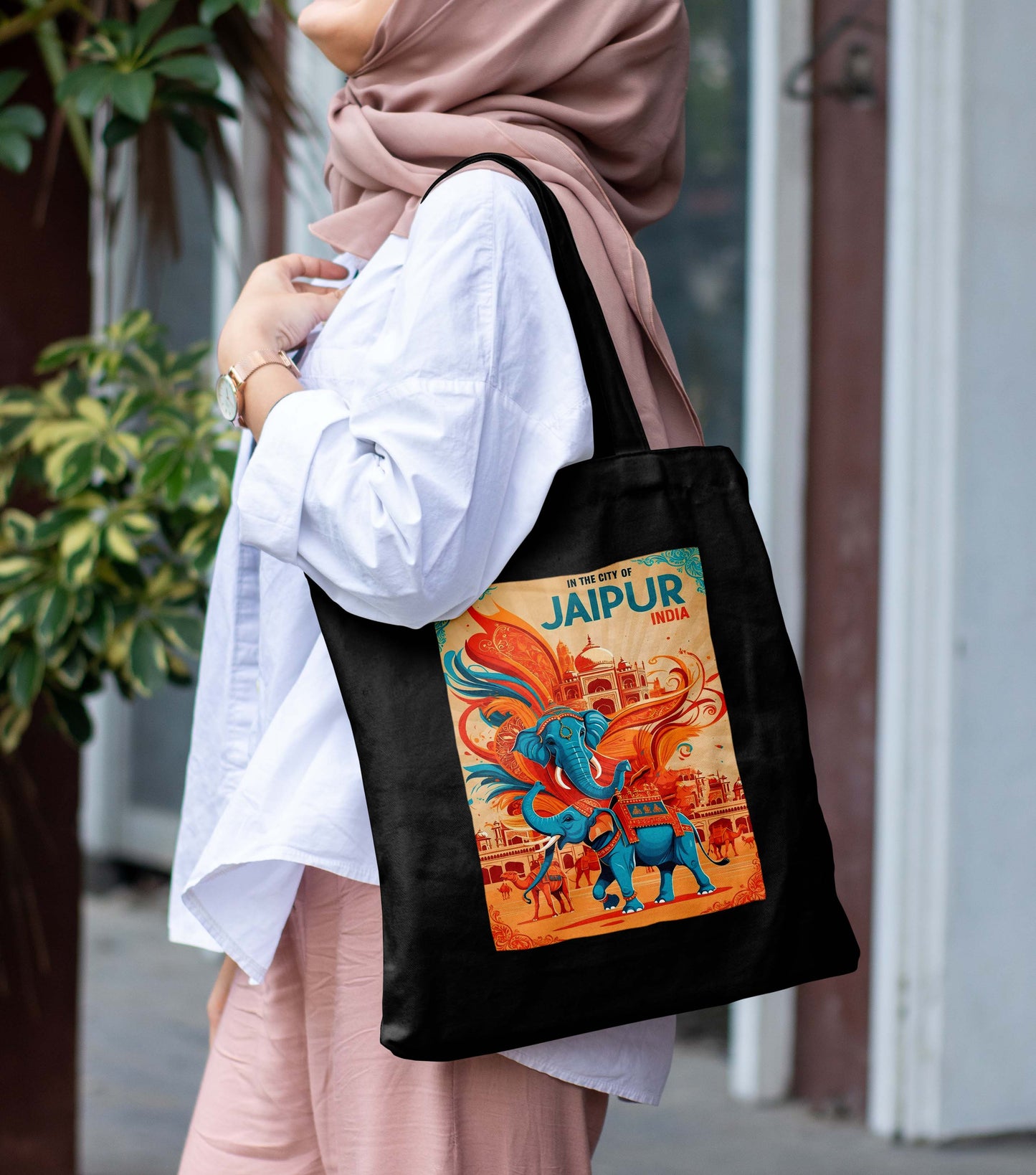Jaipur India Design Printed Black With Pocket Tote Bag (14 X 16 Inches) For Shopping, College, Travel
