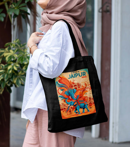 Jaipur India Design Printed Black With Pocket Tote Bag (14 X 16 Inches) For Shopping, College, Travel