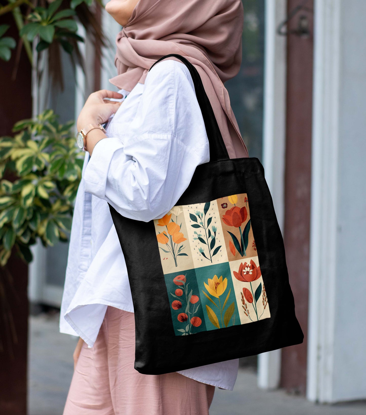 Flower art Design Printed Black With Pocket Tote Bag (14 X 16 Inches) For Shopping, College, Travel