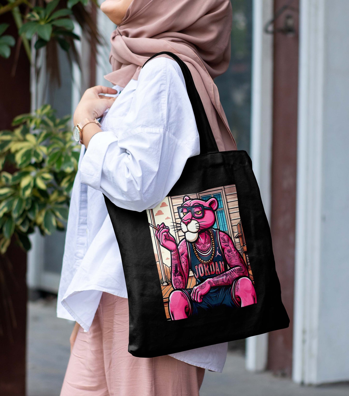 Pink panther Design Printed Black With Pocket Tote Bag (14 X 16 Inches) For Shopping, College, Travel