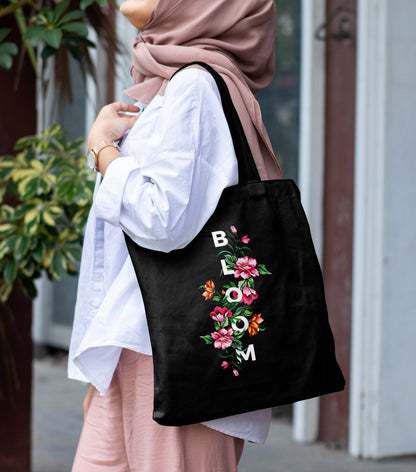 Bloom Printed Black Tote Bag (14 X 16 Inches) For Shopping, College, Travel