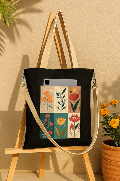 Flower art Printed Women's Girls Cross Body Sling Bag with Extra Front Pocket, College Bag for Girls, Tote Bag for Shopping,Travel